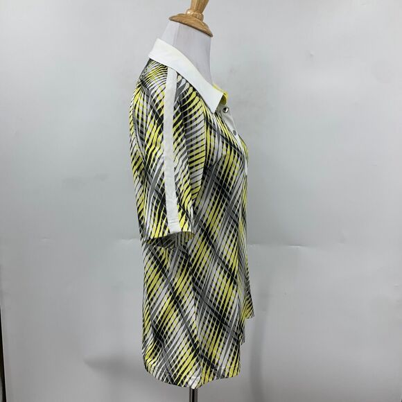 GG Blue Polo Shirt Womens M Multi Geo Print Snap Button Collared Short Sleeve - Picture 4 of 10